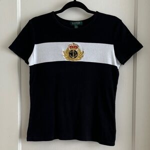 Ralph Lauren 90s Vintage Gold Emblem Stripe Crewneck Embroidered T-Shirt Top